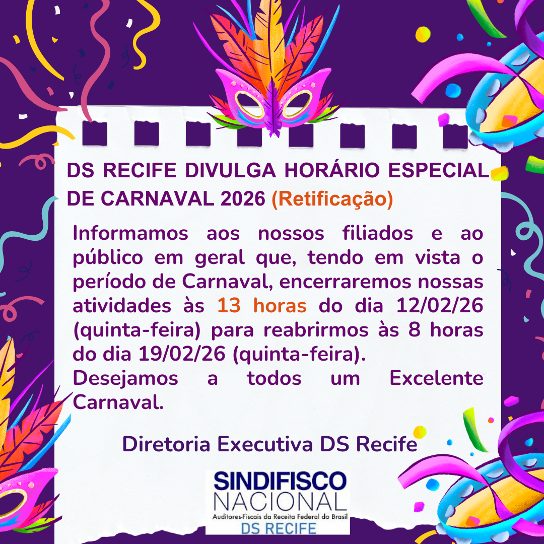 DS RECIFE DIVULGA HORÁRIO ESPECIAL DE CARNAVAL 2026 (Retificação)