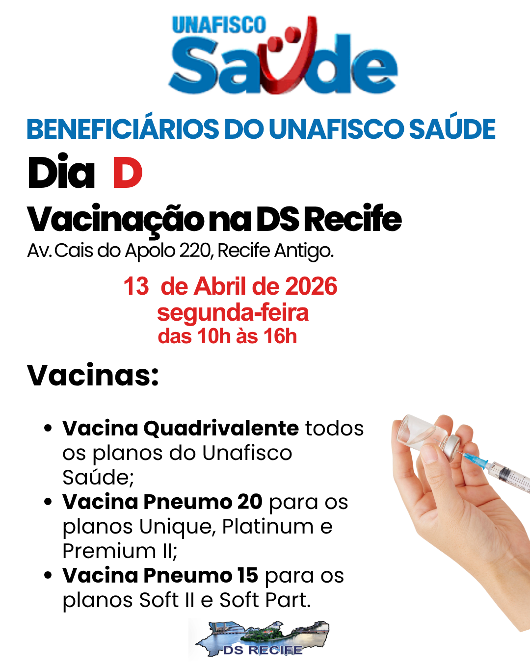 DIA D VACINAÇÃO NA DS RECIFE 13 DE ABRIL DAS 10H ÀS 16H