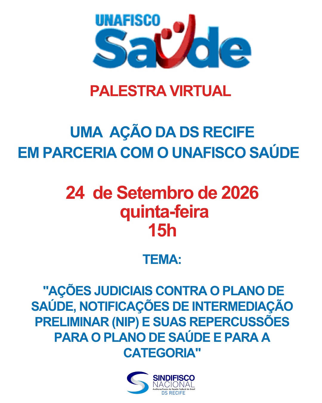 PALESTRA VIRTUAL UNAFISCO SAÚDE DIA 24 DE SETEMBRO DE 2026, ÀS 15H