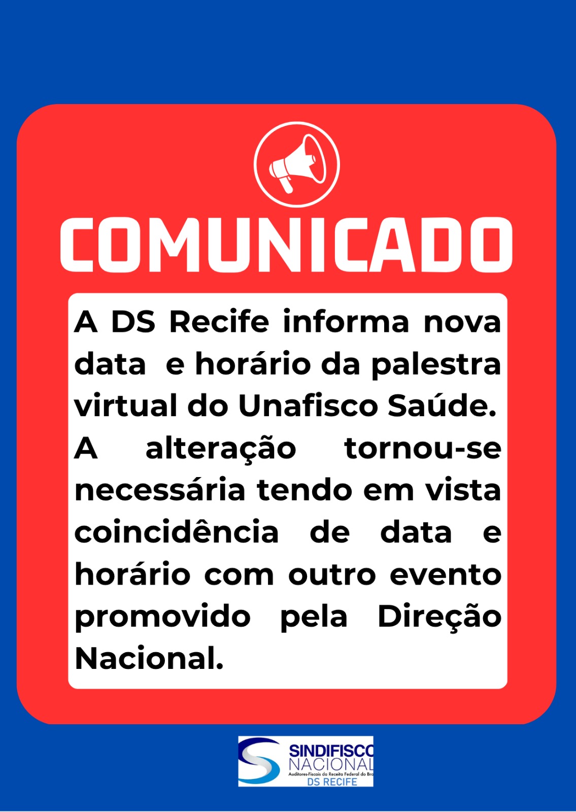 PALESTRA VIRTUAL DS RECIFE EM PARCERIA COM O UNAFISCO SAÚDE TEM NOVA DATA DIA 01 DE OUTUBRO DE 2026, ÀS 10H